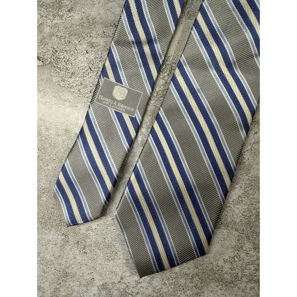 Haines & Bonner 100% Silk Tie Mens OS Gray Blue Striped Pointed Necktie Handmade